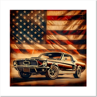 Ford Mustang with american flag retro vintage Posters and Art